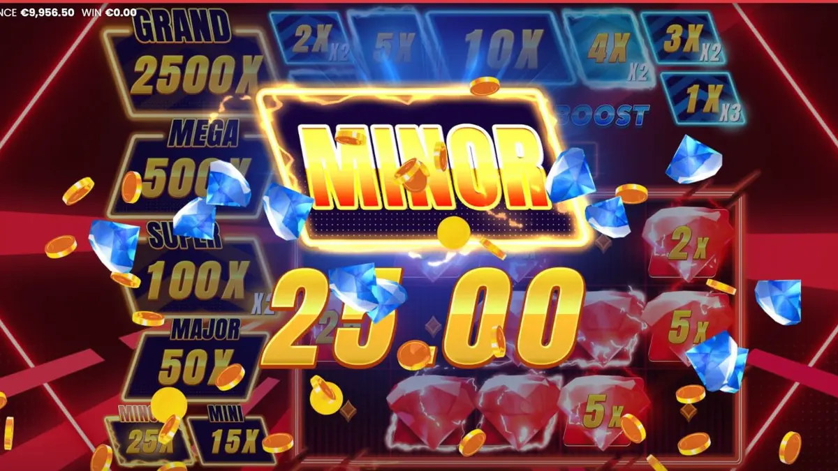 Interface neon vibrante do slot Triple Cash Boost com símbolos de frutas e diamantes brilhantes.